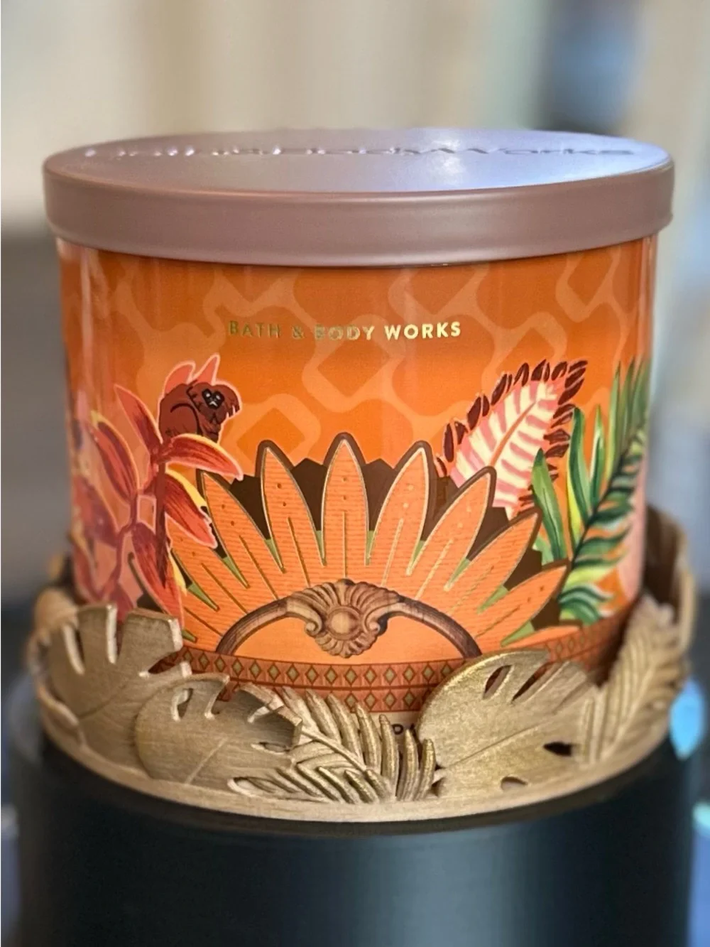 Bath & Body Works 3 Wick Gold Leaf Tropical Candle Holder